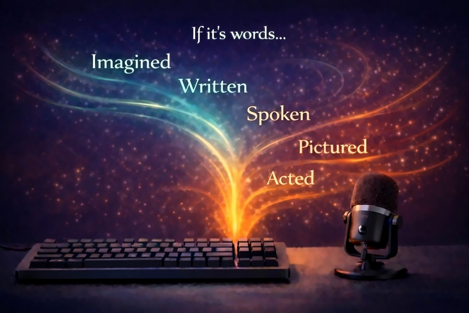 Keyboard and microphone with flowing light — YorkWords creative writing and voice narration